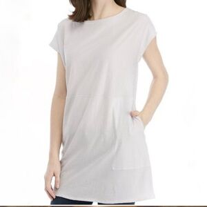 Eileen Fisher White & Gray Striped Short Sleeve Bateau Dress/Tunic with Pockets